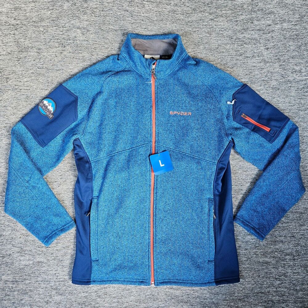 Spyder Men's Large Fleece Empire Full Zip Pockets Logo Jacket Blue Orange Hiking
